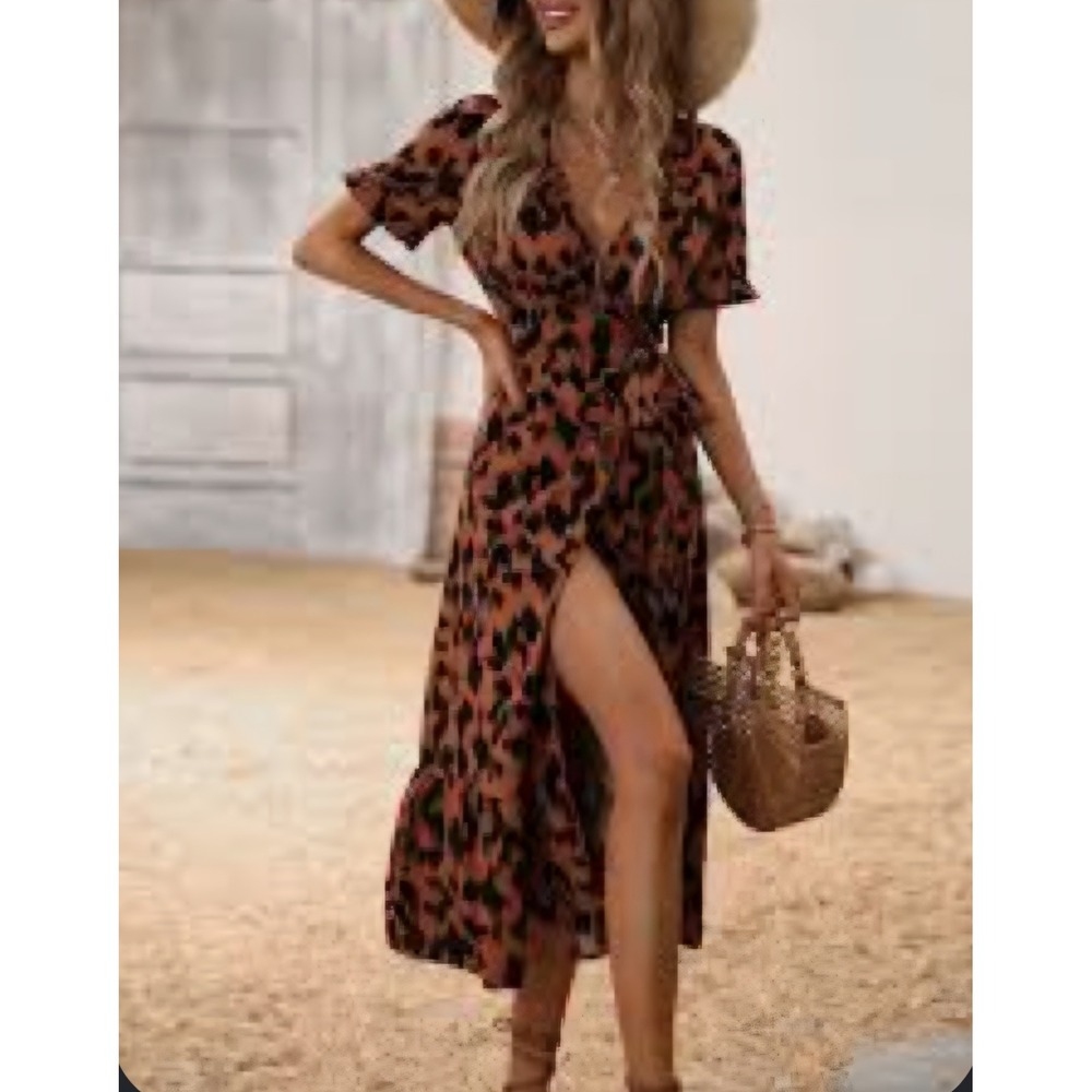 SHEIN Brown Black Leopard Print Short Sleeve Wrap Midi Dress Size M